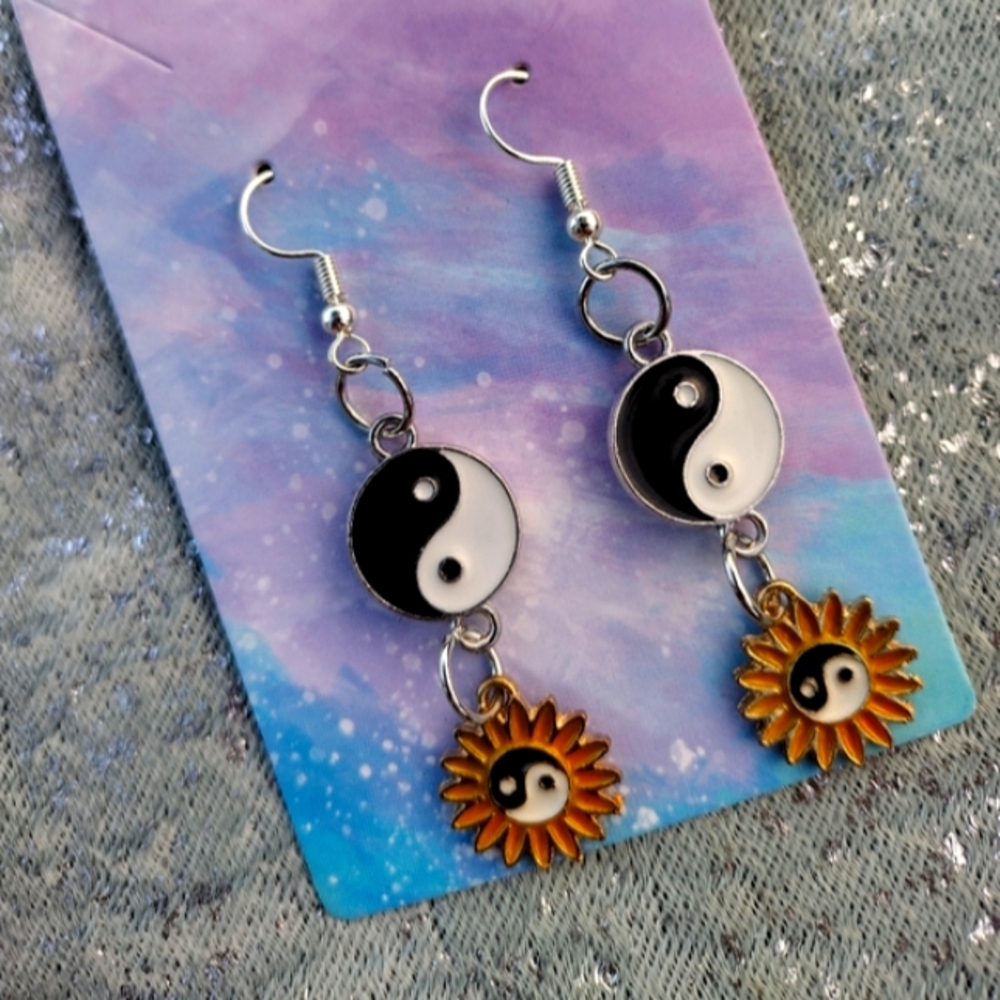 Ying yang sunflower earrings dangles beaded